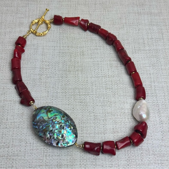 Handmade Coral Abalone Pearl Beaded Statement Necklace - Picture 5 of 8